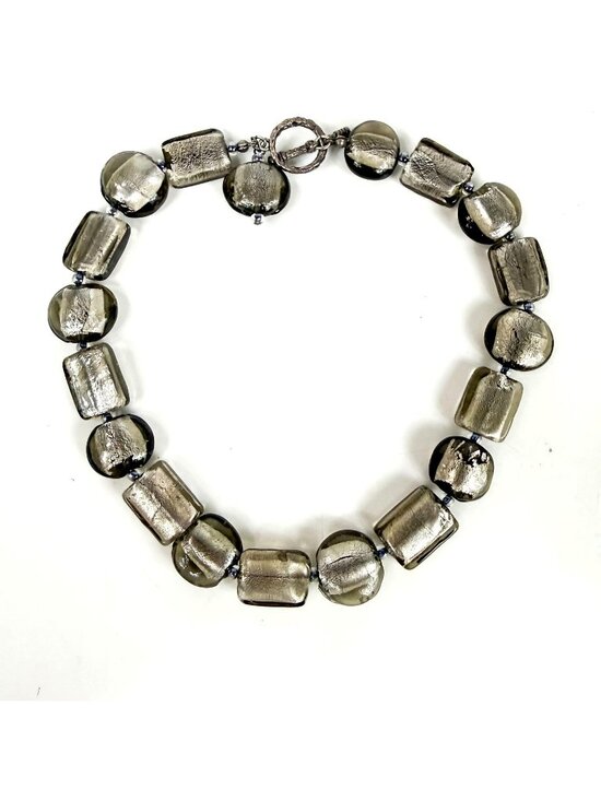 Jewelry - Vintage Art Glass Silver Avventurine Smoky Grey Beaded Chunky Toggle Necklace